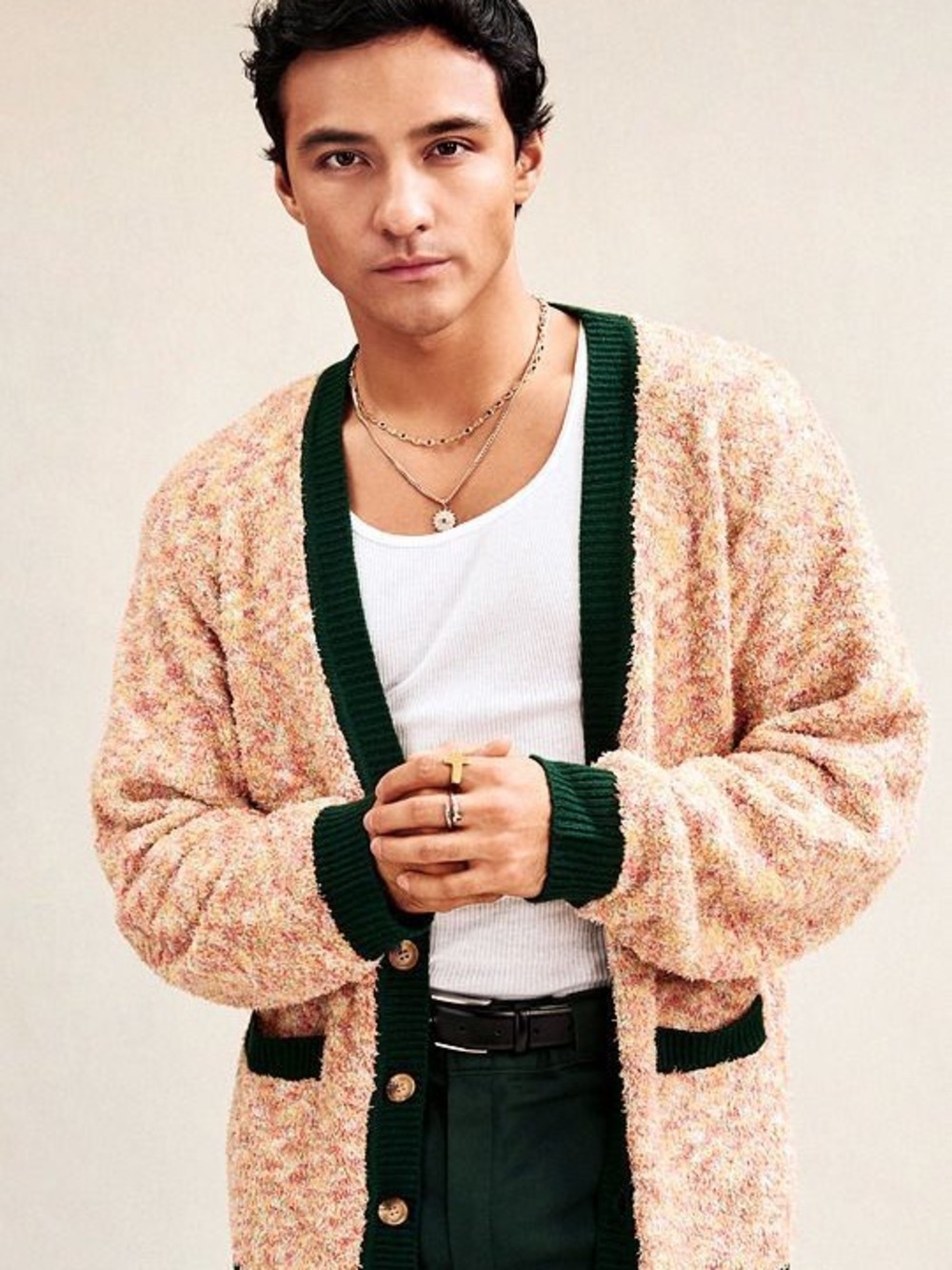 Brain Dead Pink Bouclé Cardigan with Dark Green Trim